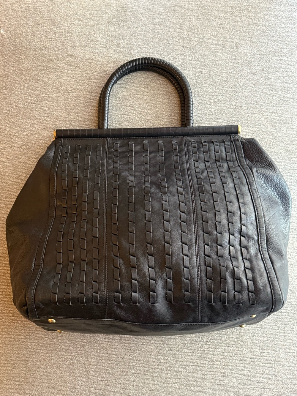 Black Woven Leather Satchel - Women